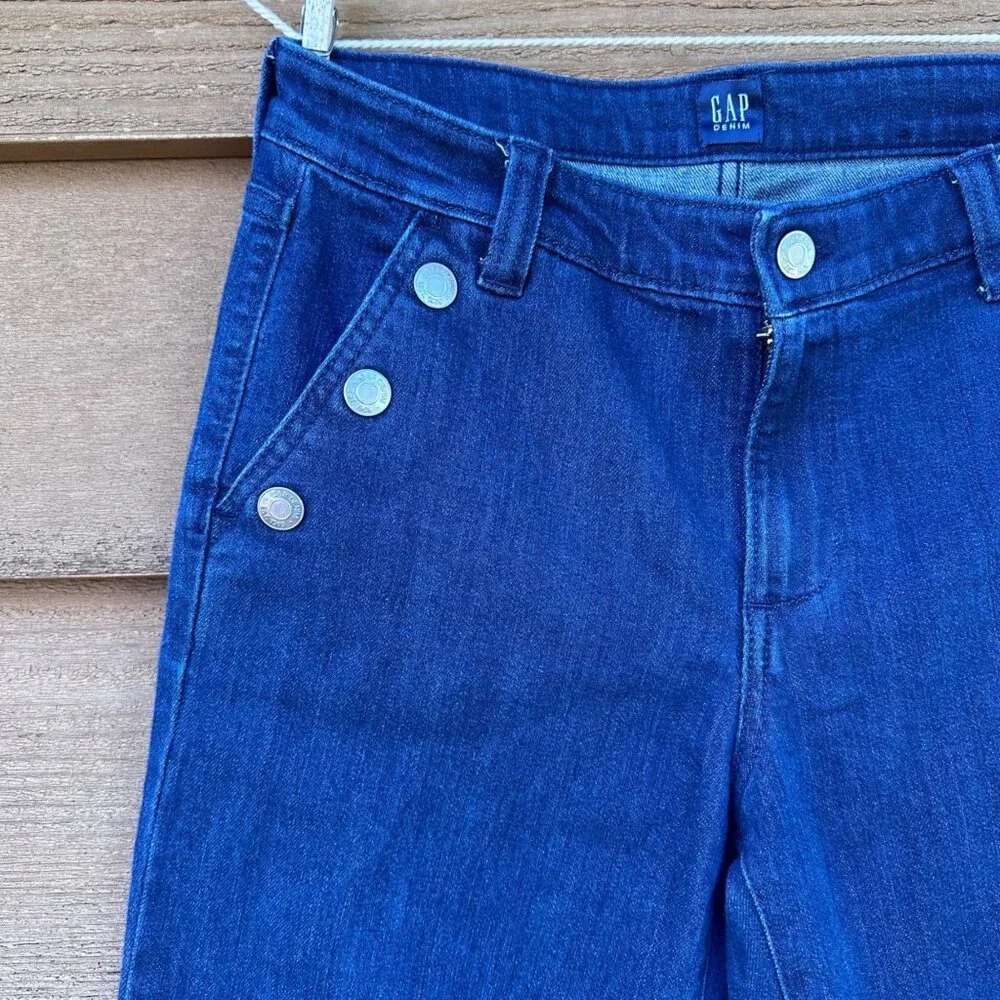 GAP Womens Wide-Leg Dark Indigo Denim Pants Size 27 High-Rise Button Detail Cott - Picture 8 of 13